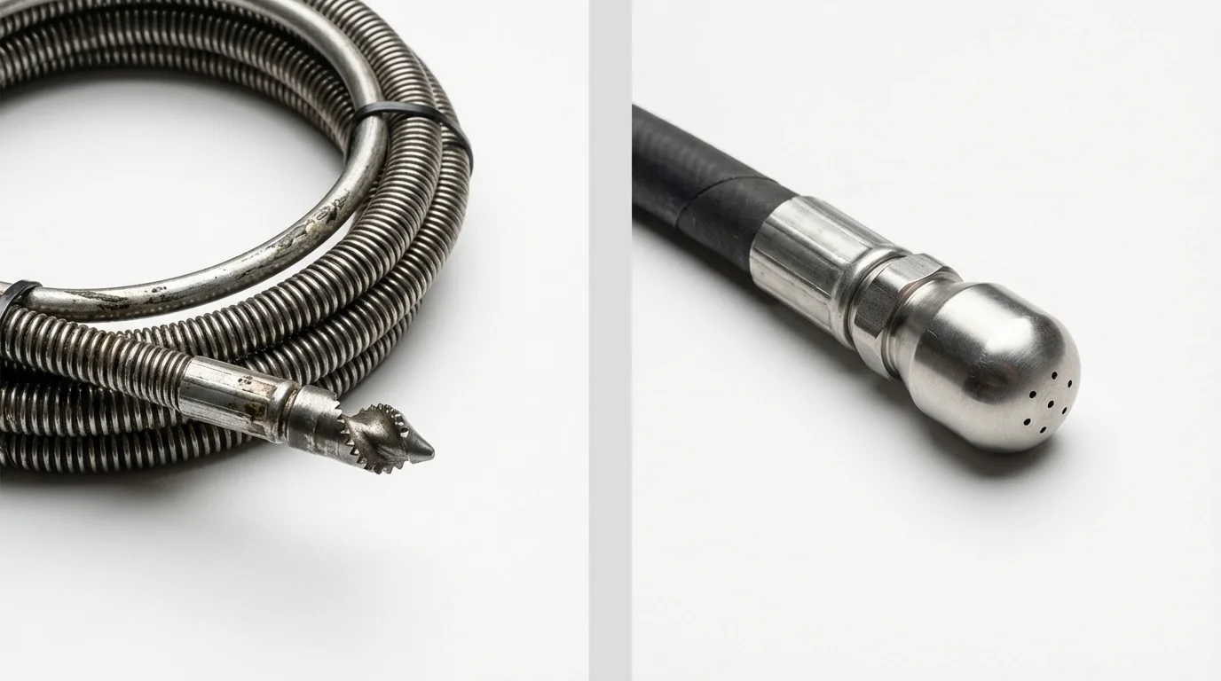 Drain snake cable and hydro jetting nozzle used for drain cleaning in Richmond Hill, GA