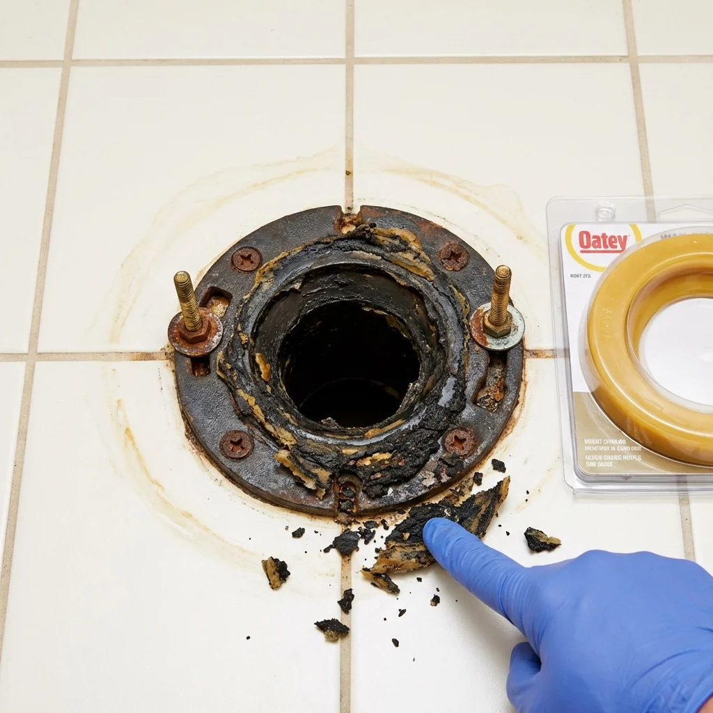 Failed wax ring showing water seepage at the base of a toilet in a Richmond Hill, GA home