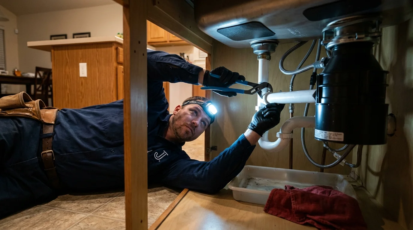 P-trap and supply line connections under a kitchen sink showing a common leak point in Richmond Hill, GA